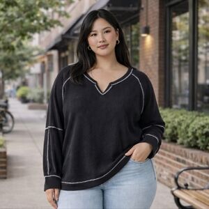 Andree by Unit, Oversized, Casual Black Long Sleeve Top, 3X